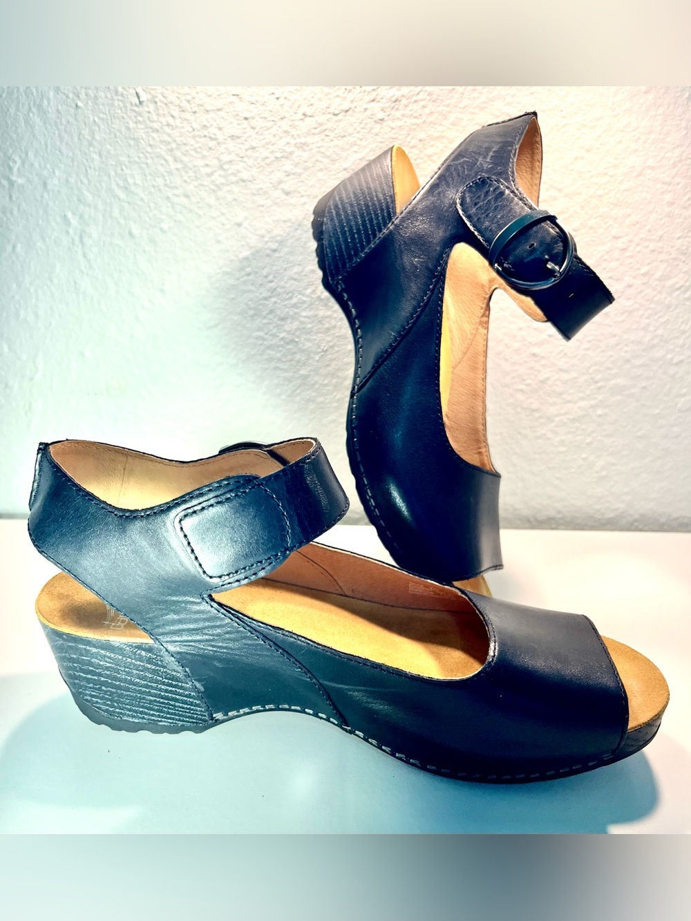 Dansko Tiana Black Women's Peep-Toe Wedge Sandals with Ankle Strap - Picture 2 of 9